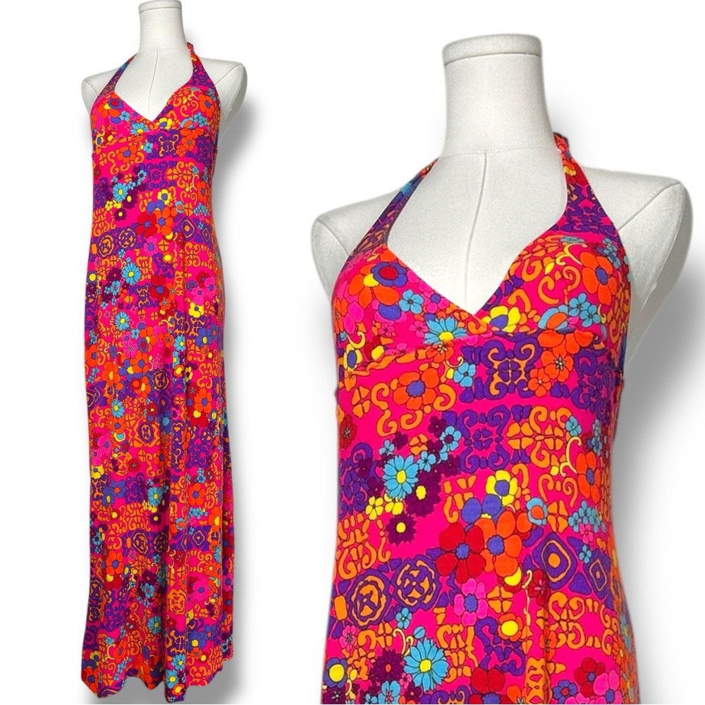 Vintage 70s Floral Halter Maxi Dress Flower Power Boho Hippie Festival - 223 s